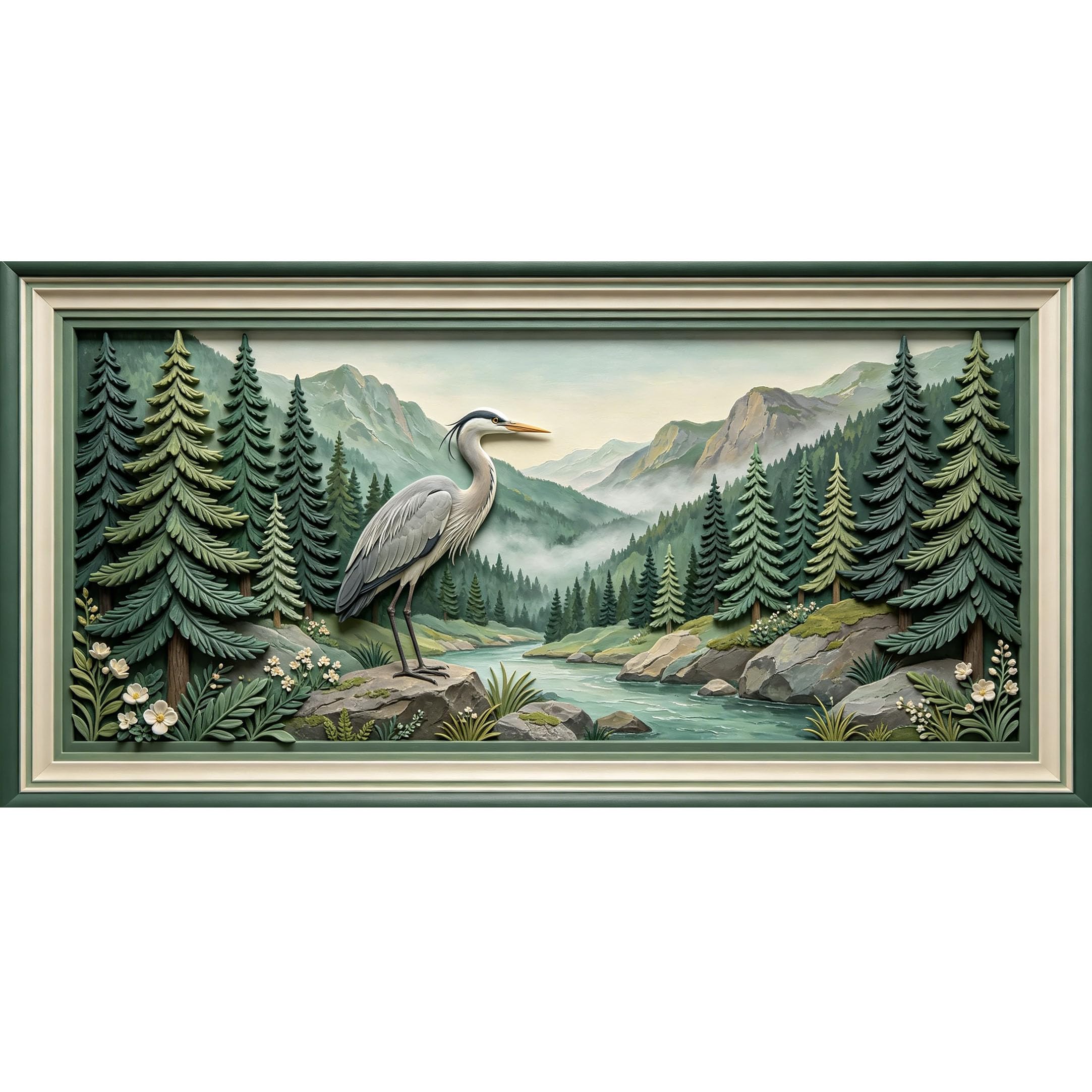 Agglomerix 3D Framed Wall Art Heron Bird Mountain Forest River Landscape Nature 3D Trompe l'oeil Large Size SelfAdhesive Removable Wall Decor Prints Artwork for Living Room Bedroom Office