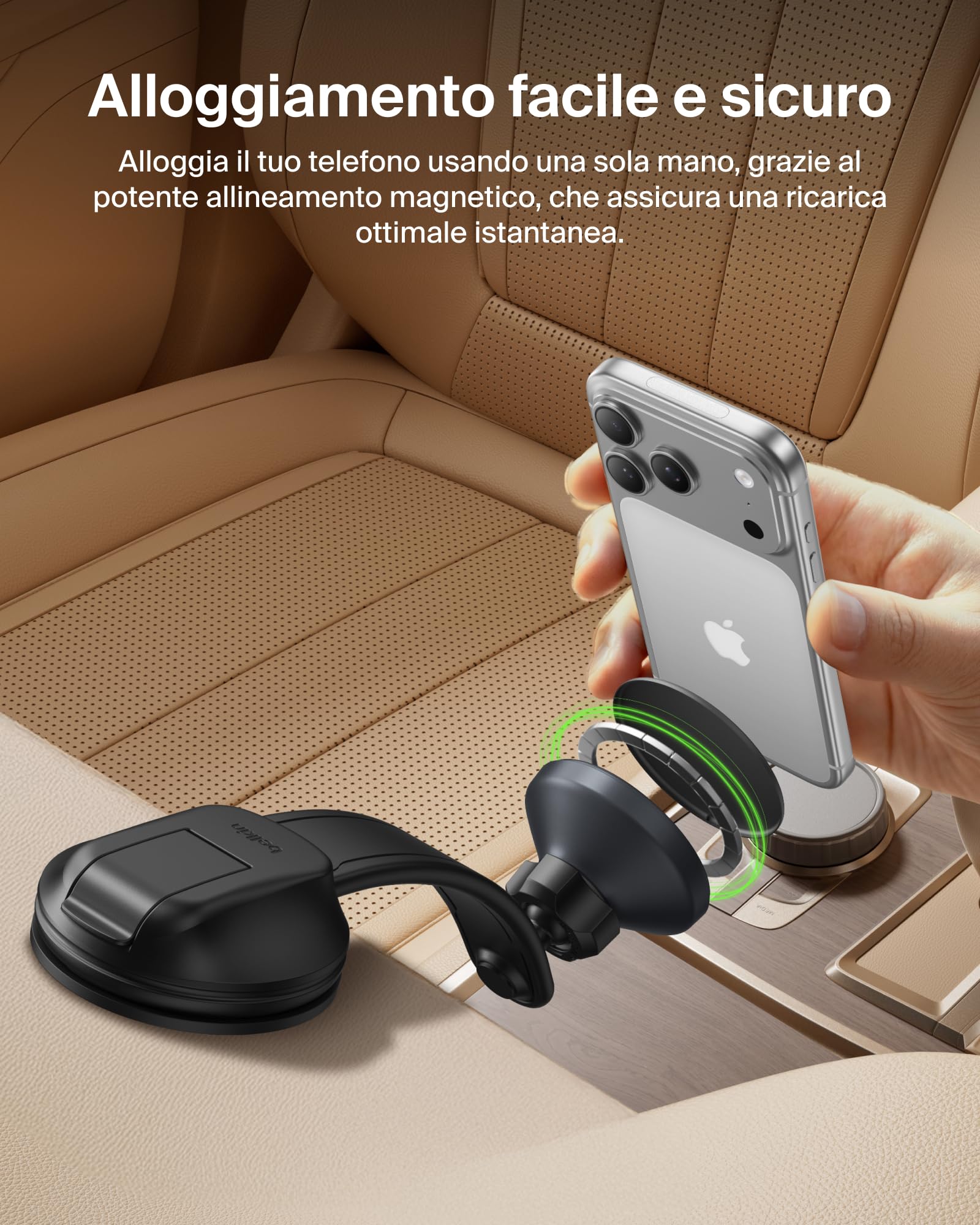Belkin Caricatore da Auto Wireless, Supporto Magnetico per Bocchette e Cruscotto, Cavo USBC, Ricarica Rapida Compatibile con MagSafe per iPhone 17, Galaxy S25, Pixelsnap, Qi2 - Nero