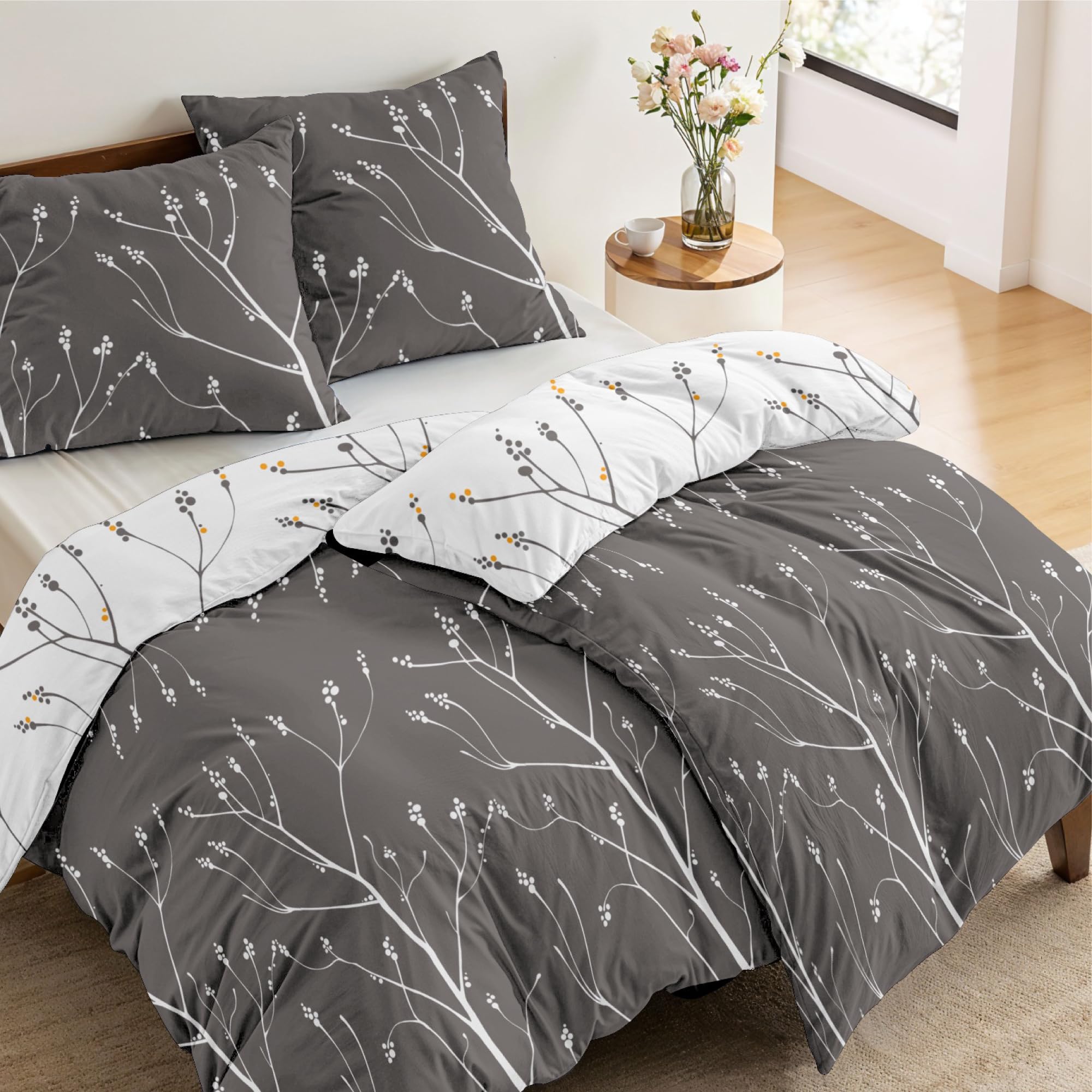 Dreamzie - 4-Teilig Bettwäsche Set 135x200 cm Muster Zweige Grau mit 2 Kissenbezügen 80x80 cm - Bettwäsche 135x200 Einzelbett aus 100% Mikrofaser - Zertifiziert ohne Chemikalien (Oeko TEX)