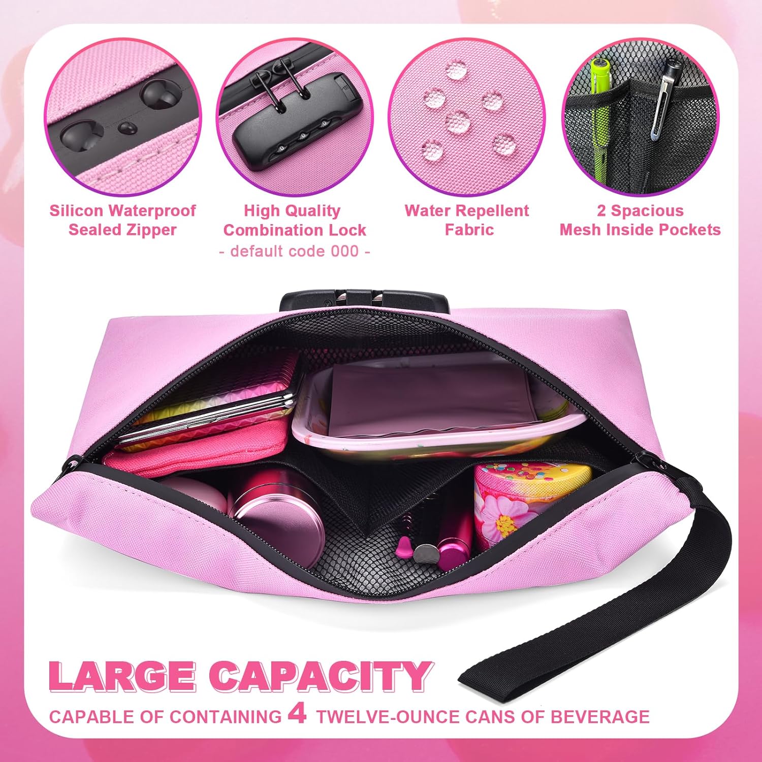 Smell Proof Bag with Combination Lock and 10 Accessories, Travel Medicine Odorless Storage Lock Box Case Container, Unique Design, Ideal Gift for Women, Pink