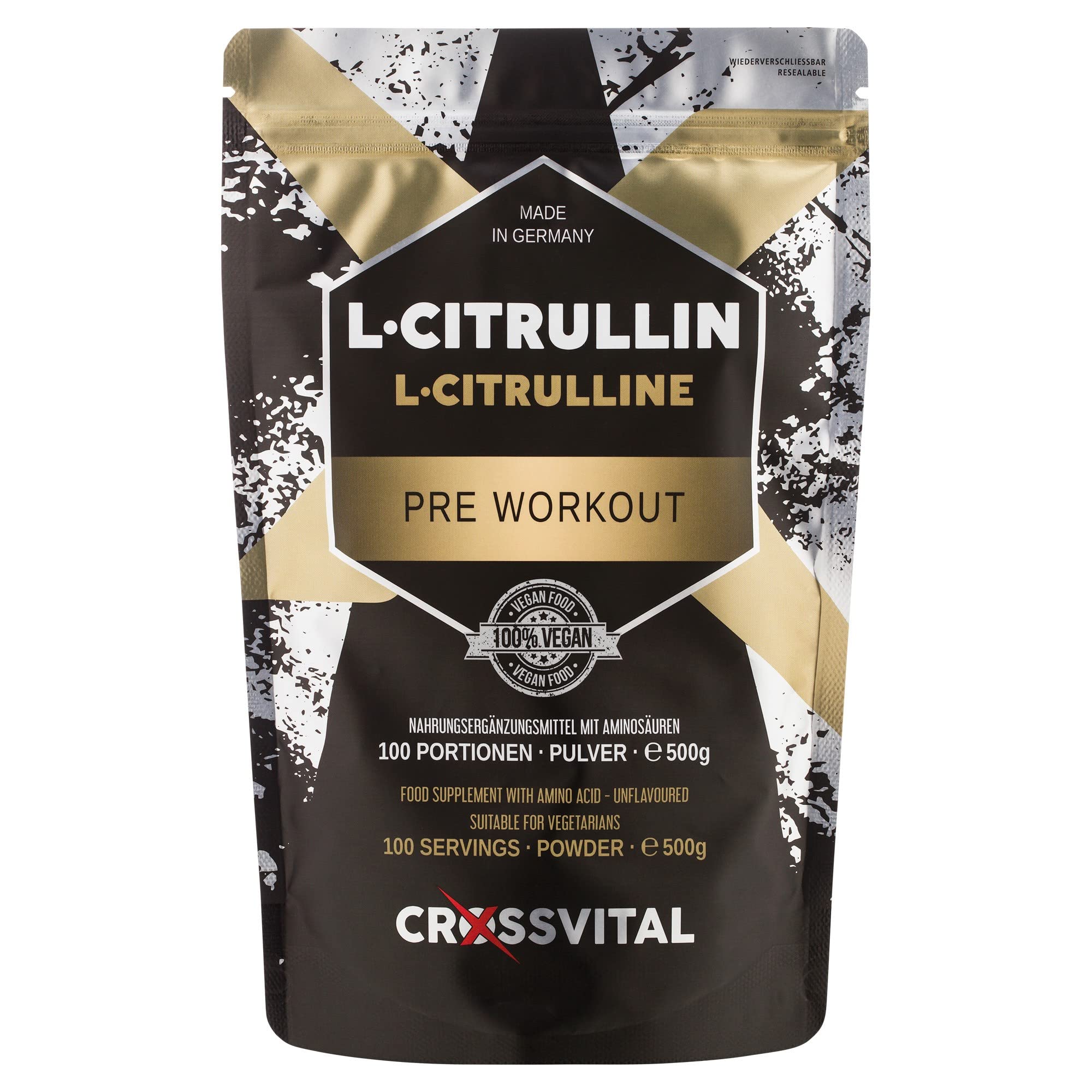 L-CITRULLIN BASE Pulver I CROSSVITAL I vegan I 500g I 100 Portionen I made in Germany