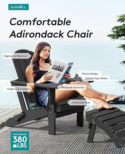 Miniatura 4 de SERWALL - Silla Adirondack plegable con portavasos doble, de polietileno de alta densidad, color negro