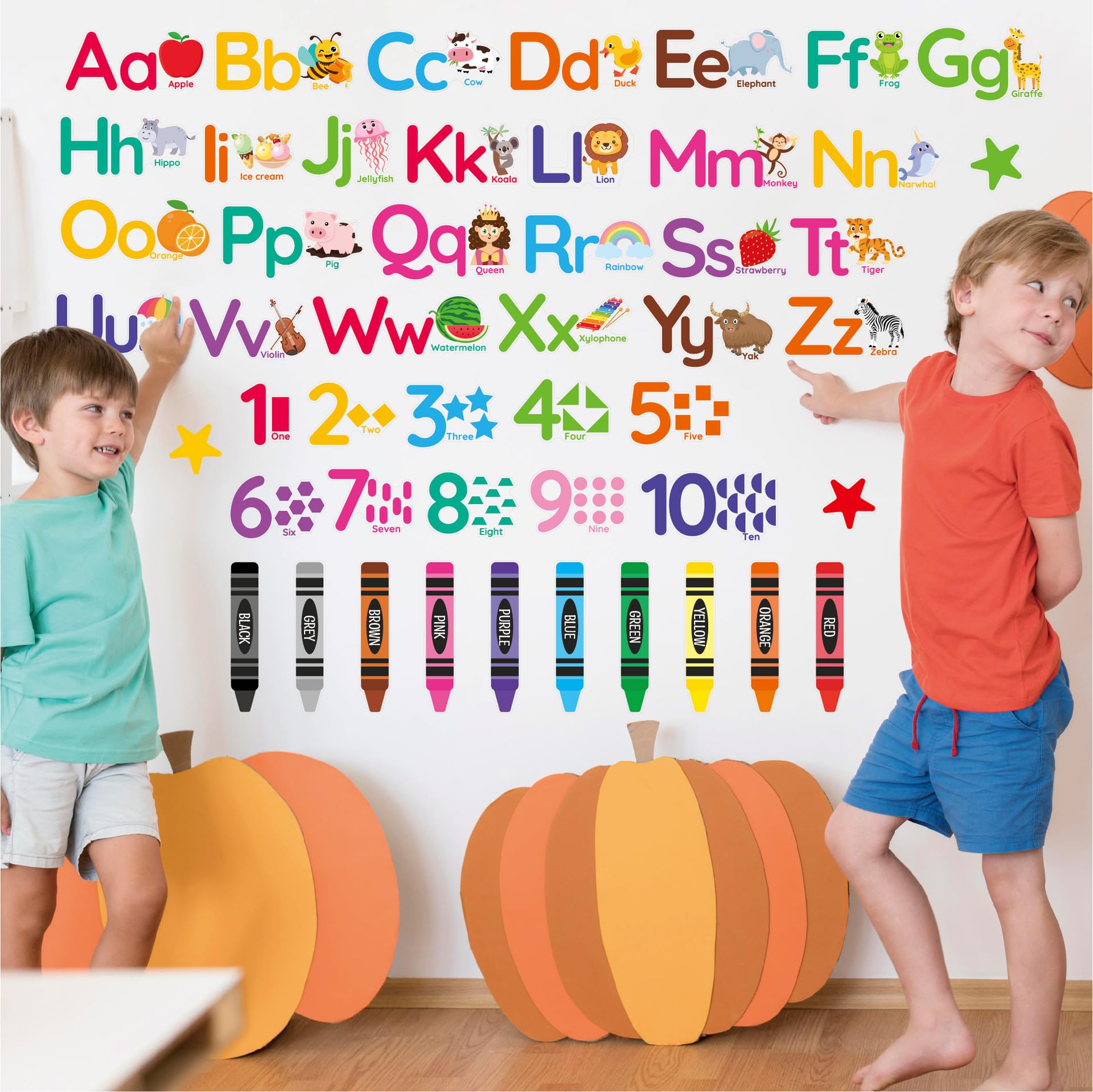 Autocollants muraux alphabet et chiffres pour chambre d'enfant | Lot de 6 planches éducatives