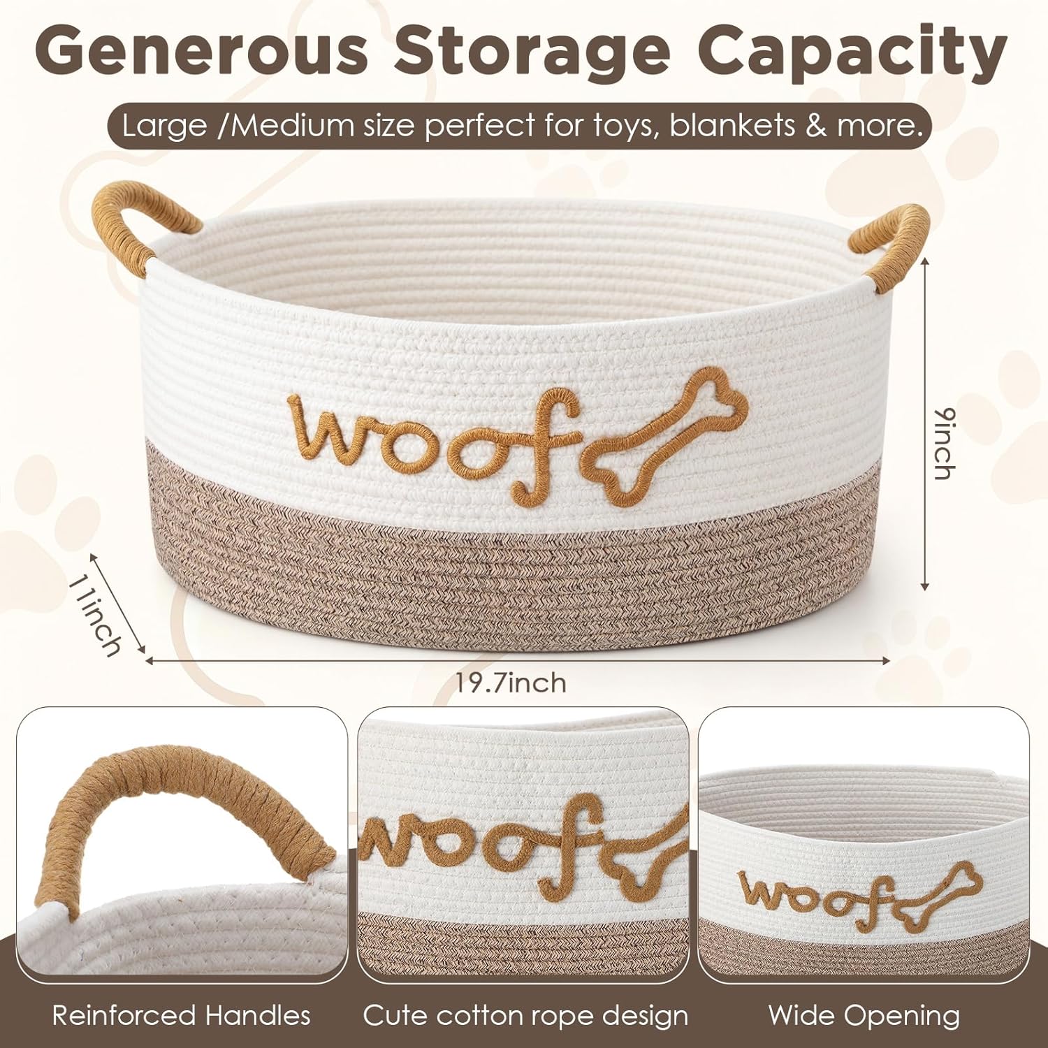 Zhehao Dog woven Toy Basket - 19 x 11 x 9 in Dog Toy Bin with Handles, Large Cotton Rope pet Storage box with Woof Bone Embroidery, White & Beige Home Decor (White Flaxen)