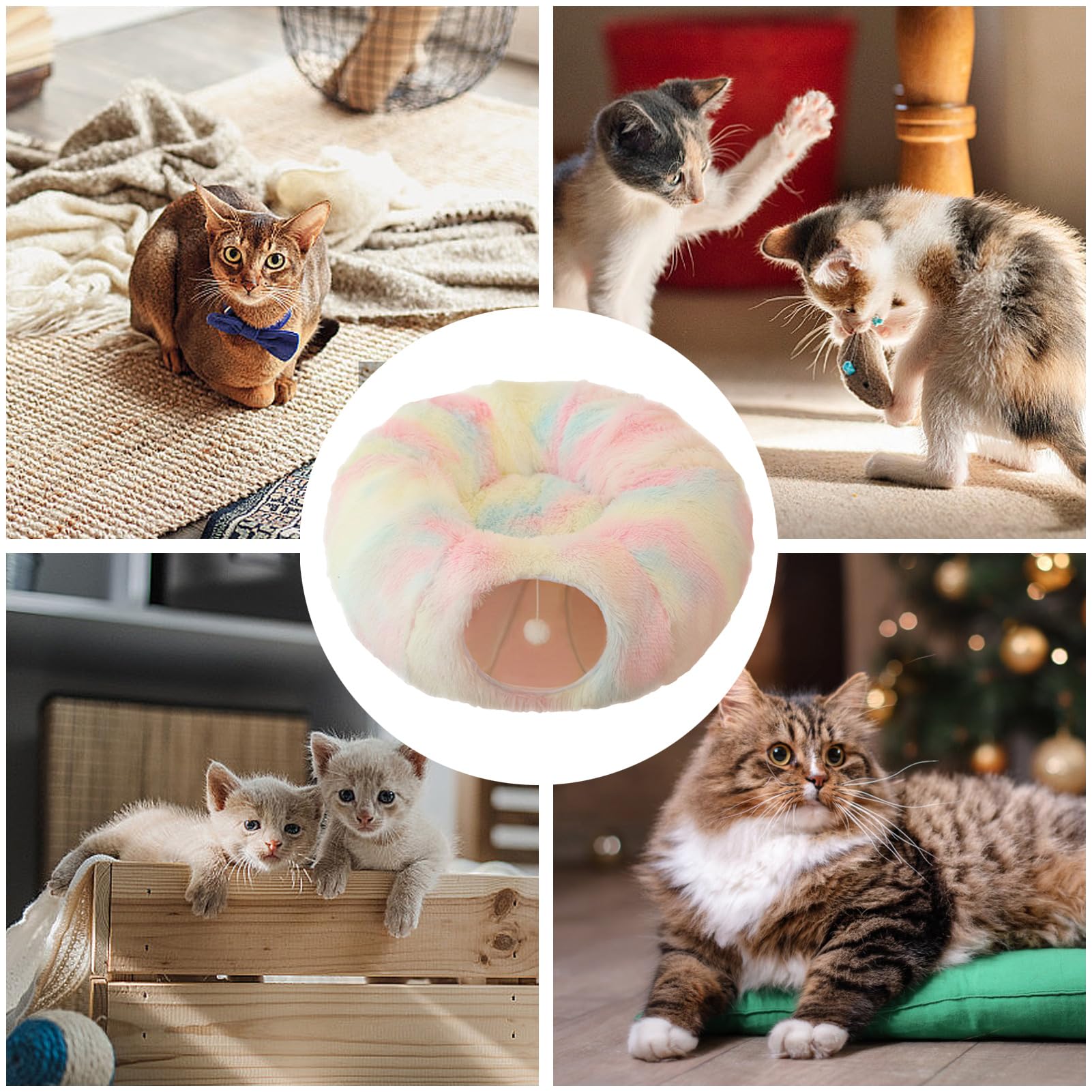awakentti Tunnel en forme de beignet pour chat avec jouet en peluche, lit rond pliable pour chat, résistant aux rayures, jouet tunnel pour chiot, furet, chaton, lapin