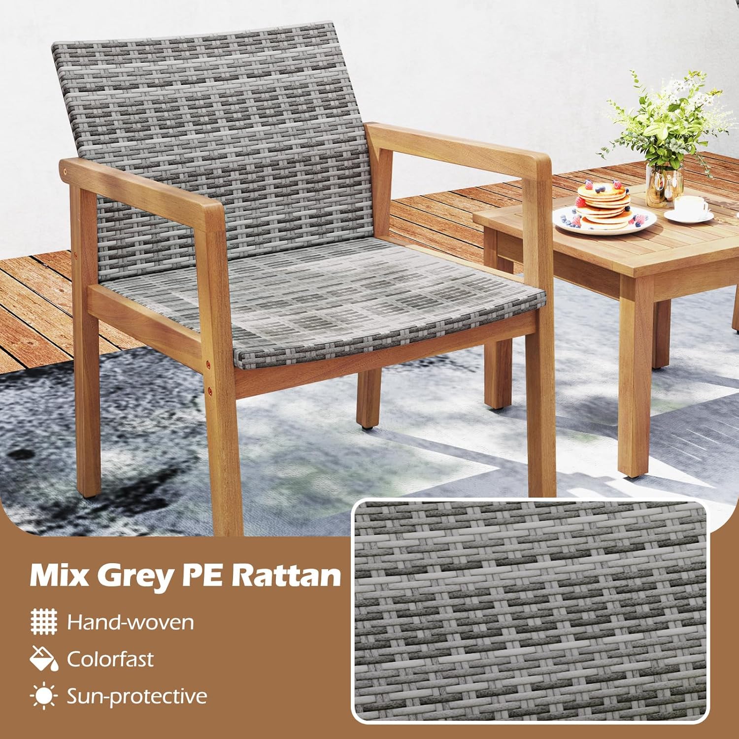 HAPPYGRILL 3 Pieces Patio Furniture Set, PE Rattan Patio Bistro Set with Chairs & Coffee Table, Outdoor Acacia Wood Conversation Set for Garden, Backyard, Poolside & Porch