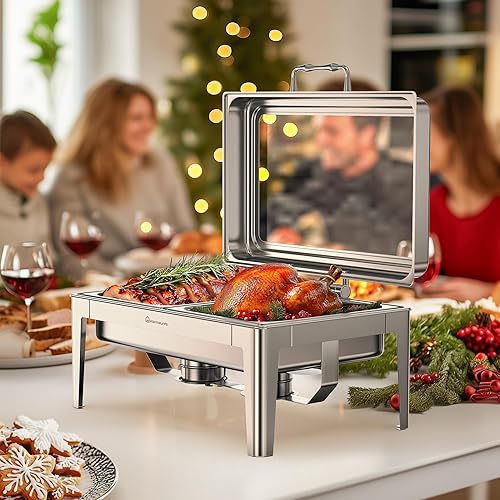 Miniatura 7 de Juego de platos de bufé de 9.5 cuartos de galón, platos rectangulares para bufé con tapa de vidrio, utensilios de servir, chafers de acero