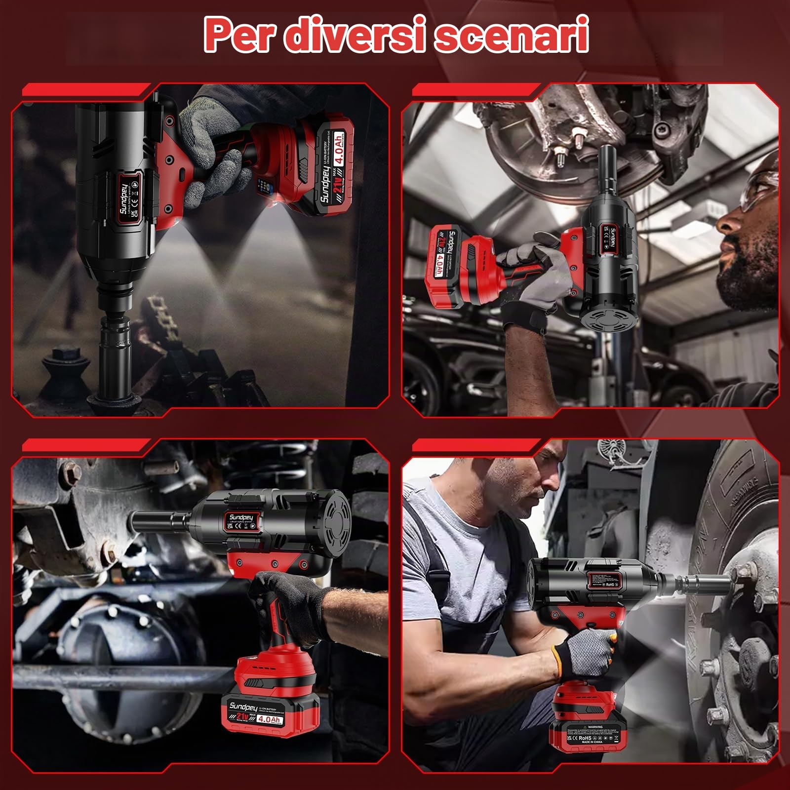 2000Nm Avvitatore a Impulsi a Batteria, 3/4'' Avvitatori a Massa Battente Brushless con 2 Batterie 4.0Ah & Adattatore per Bit da 3/4'' a 1/2'' & 5 Bussole, 21V Avvitatore ad Impulsi per Auto, Rosso
