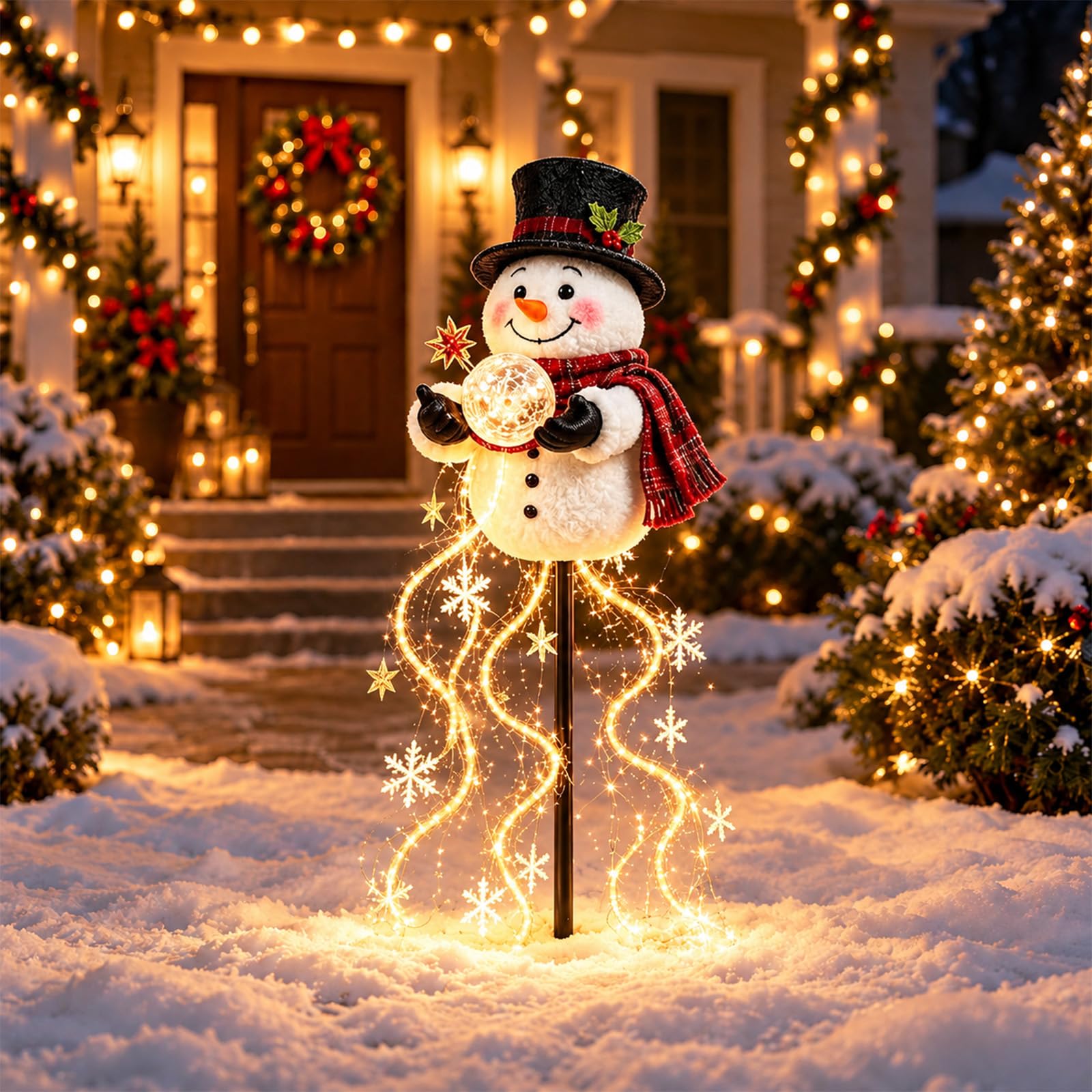Snowman Magic Fountain Flowing Snowflake Solar Garden Light, Outdoor Christmas Decorations With Cascading Snowflake And Star Effect, Led Snowman Stake Light For Garden, Pathway, Porch Decor，Snowman1