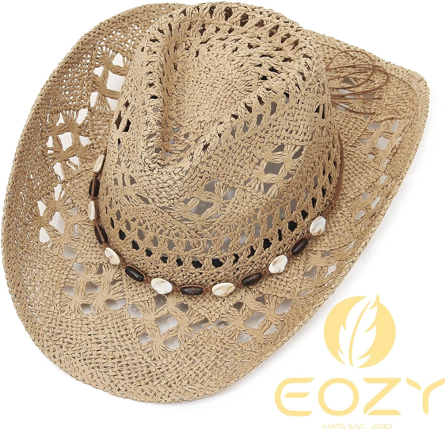 Straw Cowboy Cowgirl Hat for Women Men Hollow Out Wide Brim Summer Beach Sun Hat with Chin Strap