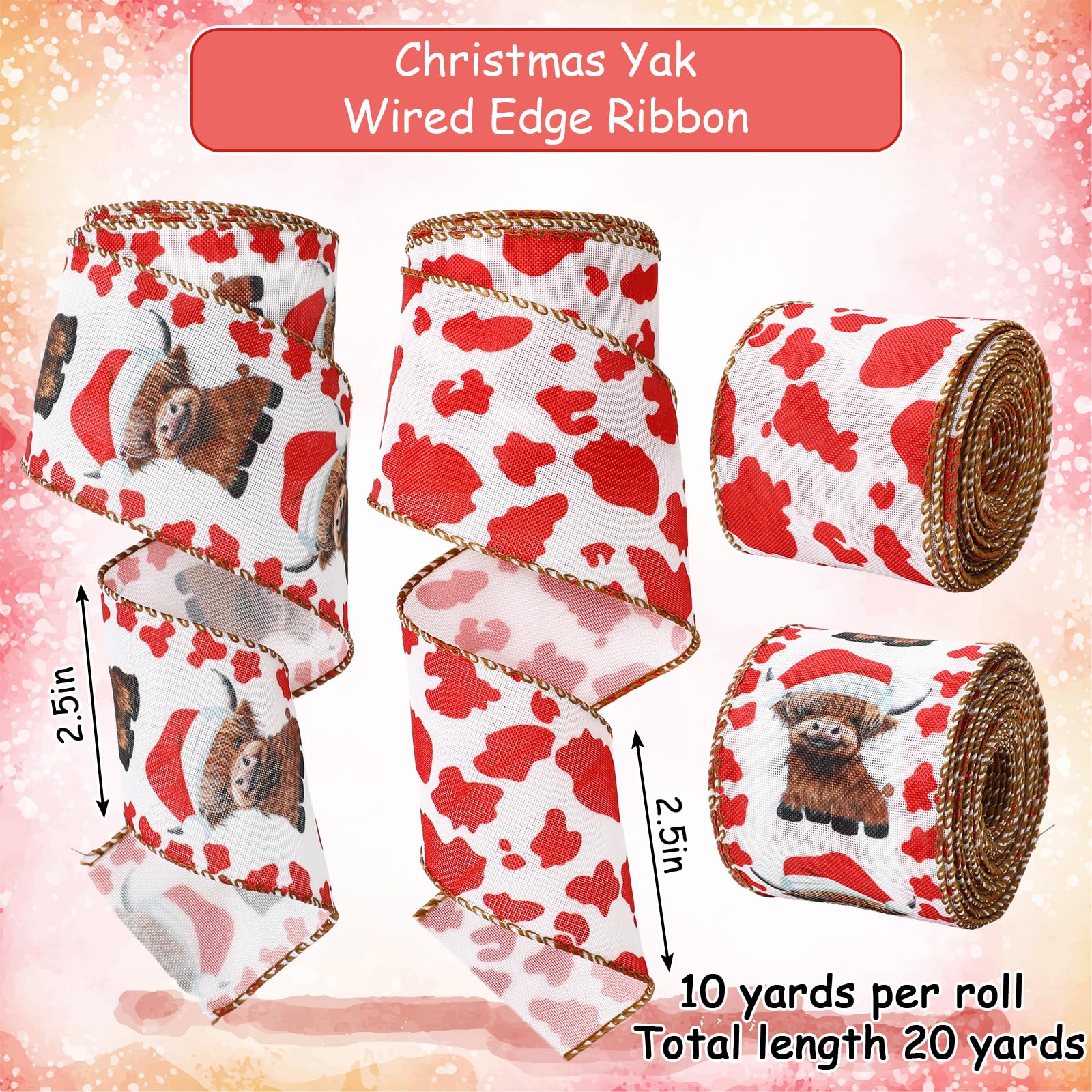 JarThenaAMCS Weihnachtsband mit Drahtrand, Hochlandkuh, Bastelband, rote Kuh, gepunktet, Stoffband für Kranz, Schleife, DIY, Verpackung, Party-Dekoration, 2 Rollen, 20 Meter