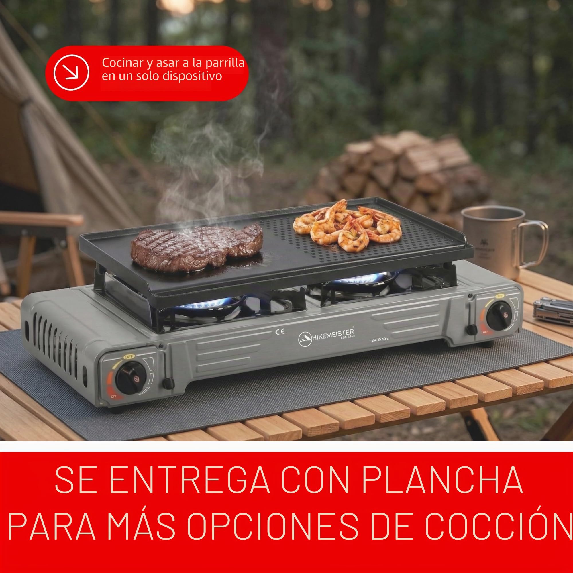 Hikemeister® Hornillo de camping de 2 fuegos con parrilla y 12 cartuchos de gas, hornillo de gas portátil 2 x 2,2 kW, incluye maletín de transporte, estufa de gas al aire libre para camping, balcón y