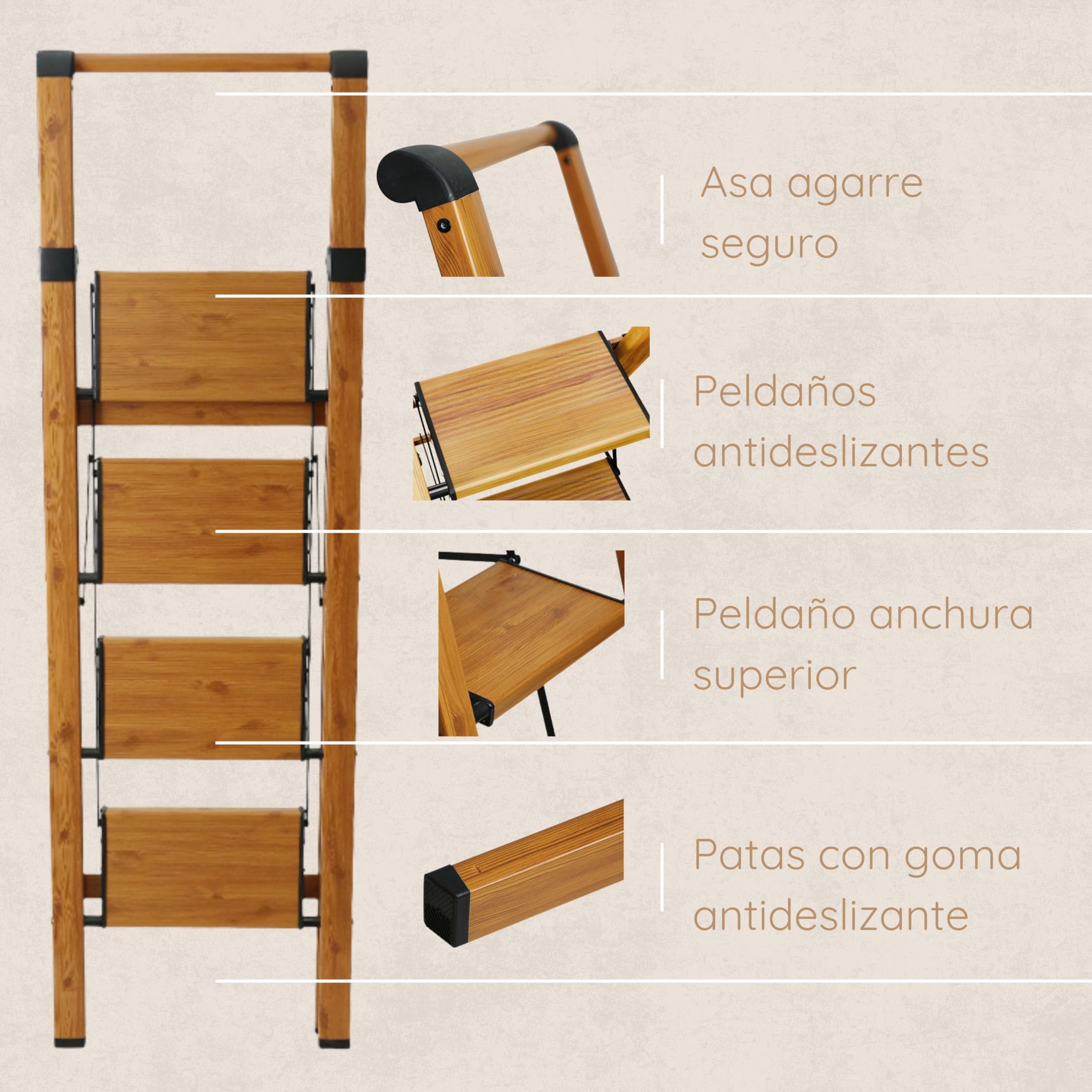 Escalera Plegable de Aluminio Efecto Madera para hogar, 4 peldaños, peldaños Anchos Antideslizantes, EN 131 - 4