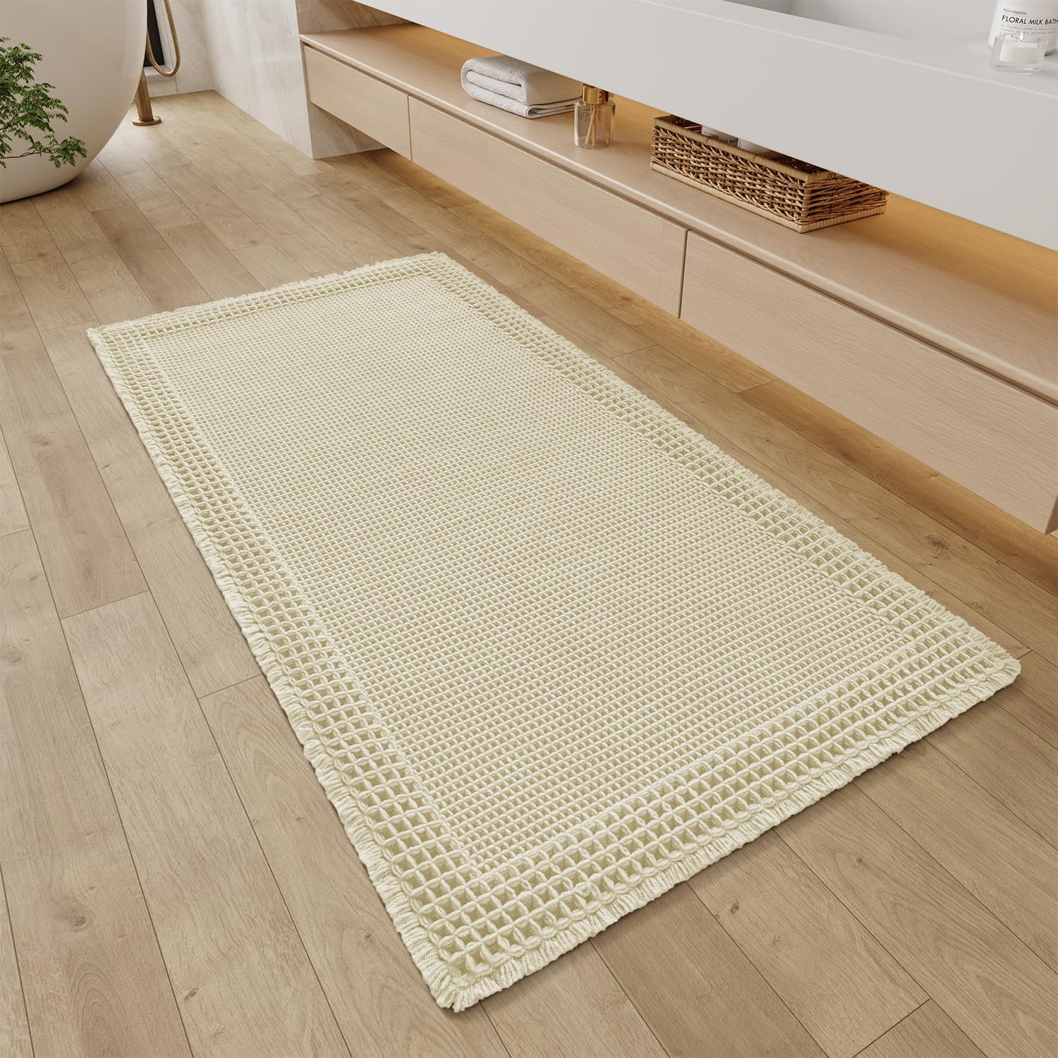 RESARE Waffle Bathroom Runner Rugs, Super Absorbent Bath Mat Non Slip Washable Quick Dry, Ultra Soft Quick Dry Boho Bath Rugs with Tassels for Hallway Bedroom Laundry Room, 2'x4'(24"x48"), Cream 2'x4' Cream