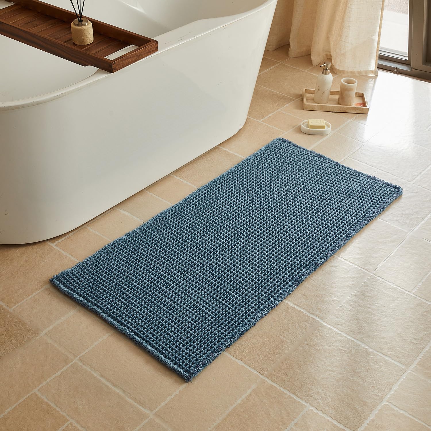 Waffle Bath Mat, Boho Bathroom Rugs Non Slip Washable, Ultra Soft Super Absorbent Quick Dry Farmhouse Bathroom Decor, 24" x 48", Denim Blue