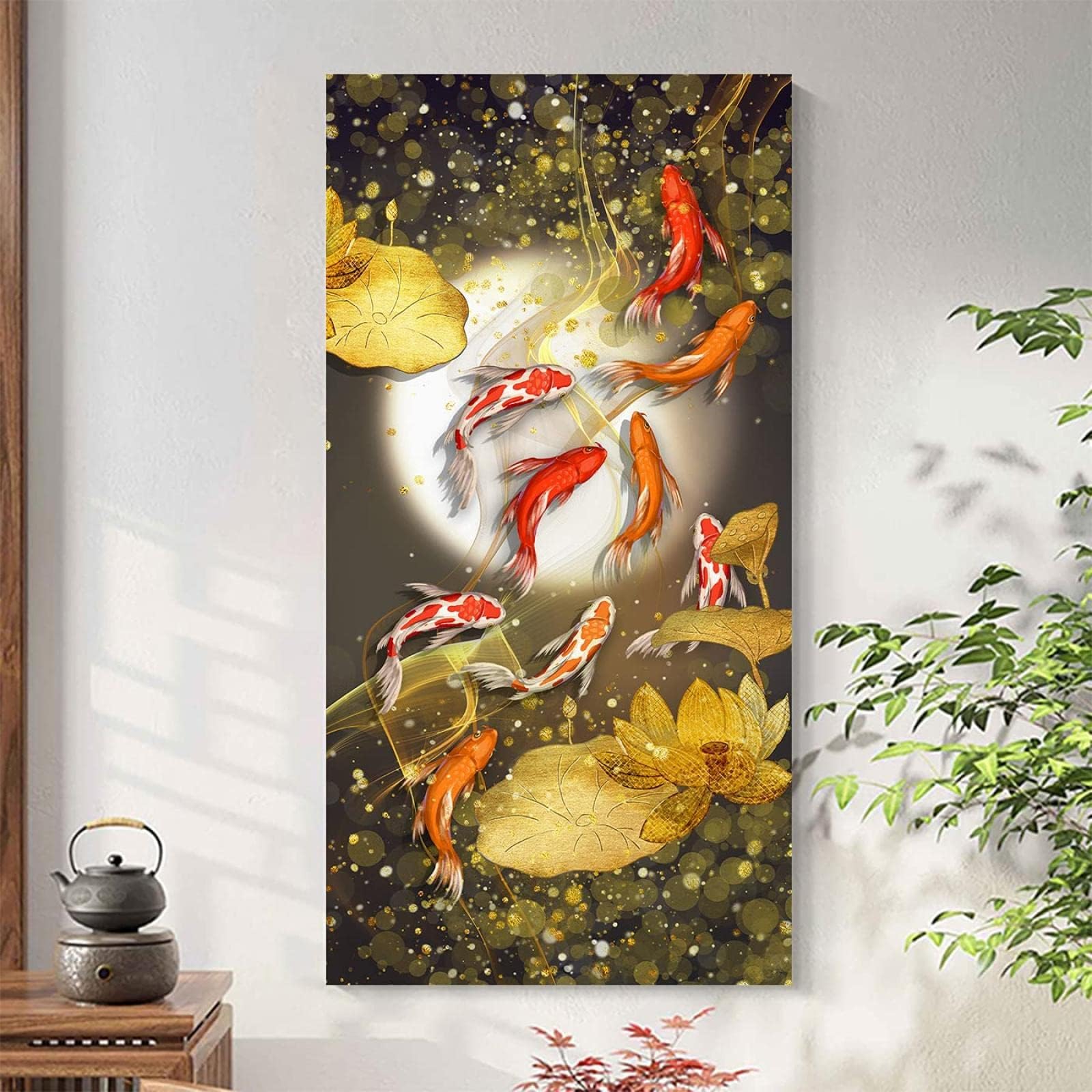 DHFGHFJ Cuadro decorativo de estilo nórdico moderno: Loto y nueve peces koi – Arte para la pared del dormitorio (70x140cm/Sin marco)