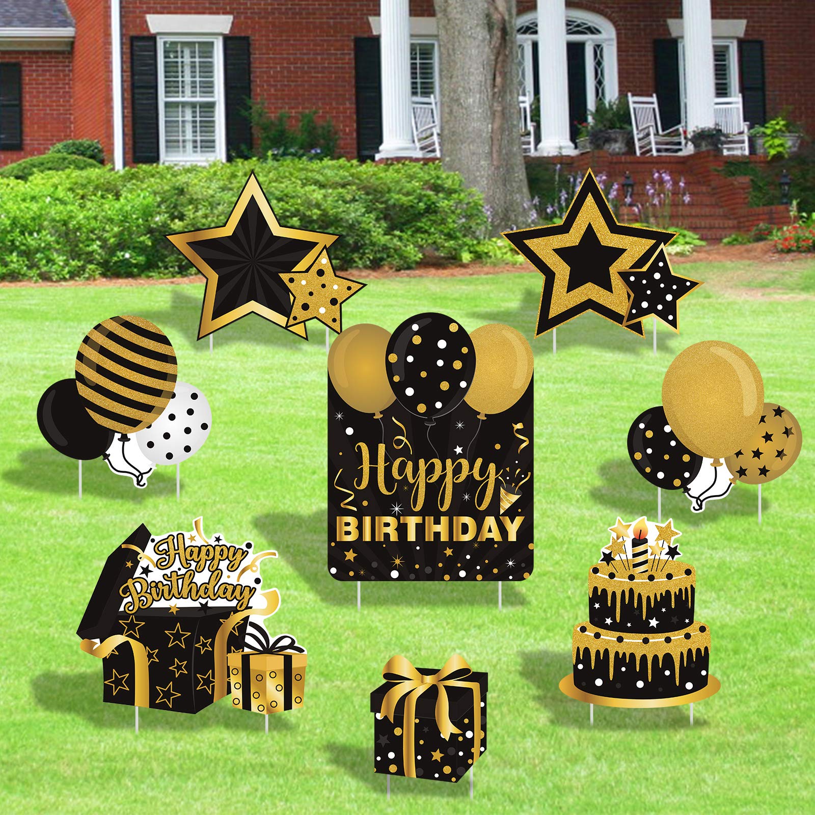 Huray Rayho Happy Birthday Yard Sign with Stakes for Adults Black Gold Birthday Yard Sign Cutouts Lawn Outdoor Decorations for Women Men Birthday Party Supplies Set of 8