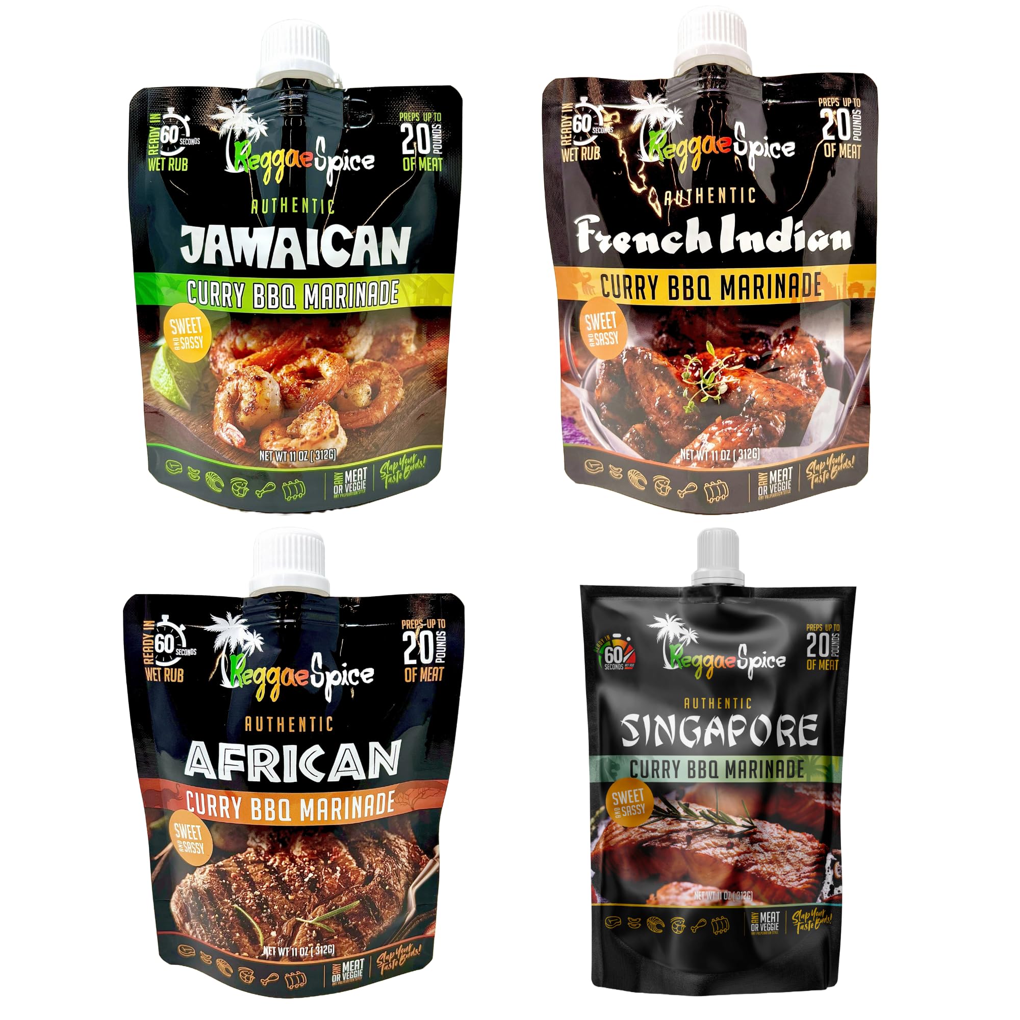 REGGAE SPICE Jamaican Jerk Seasoning Authentic Wet Rub Marinade Sauce - Perfect for Beef, Pork, Chicken, Seafood, and Vegetables - Variety pack (4) Sweet or Spicy (Sweet and Sassy)