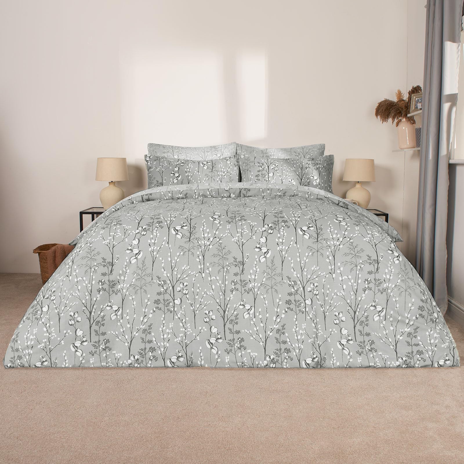 OHSOHS Double Bedding Set Willow Branch, Duvet Cover Double Quilt Covers with Pillowcases Luxury Ultra Soft Comfy Easy Care Double Bed Quilt Covers, GreyOEKO-TEX STANDARD 100