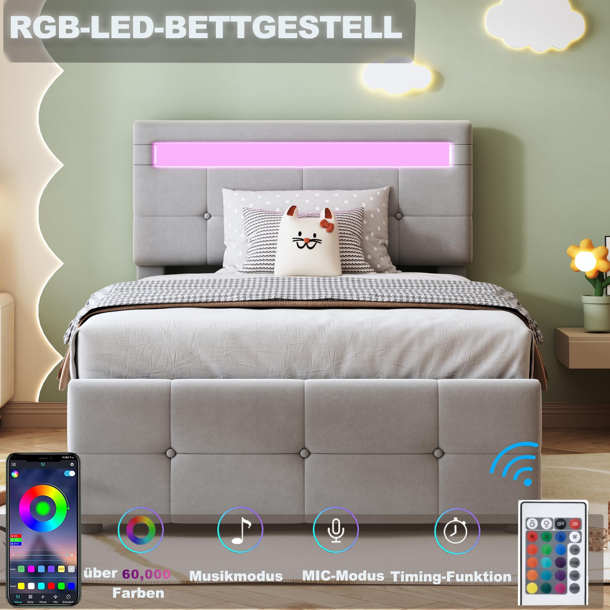 Gegtuon Letto Imbottito 90x200 cm con Illuminazione LED per Bambini, Letto Singolo con Idraulico Contenitore e Testata, Struttura Letto con Rete a Doghe per Ragazzi, senza Materasso, Velluto (Grigio)