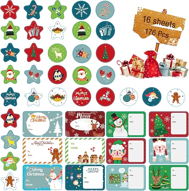 176PCS Christmas Gift Tag Snowmen Xmas Tree Deer Merry Christmas Name Tags Decorative Presents Labels Decals Christmas Gift for Friends Family