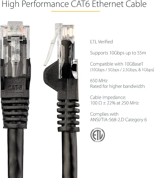 StarTech 3ft CAT6 Ethernet Cable - Black CAT 6 Gigabit Ethernet Wire -250Mhz 100W PoE RJ45 UTP Network Patch Cord Snagless with Strain Relief (N6PATCH3BK) - 2