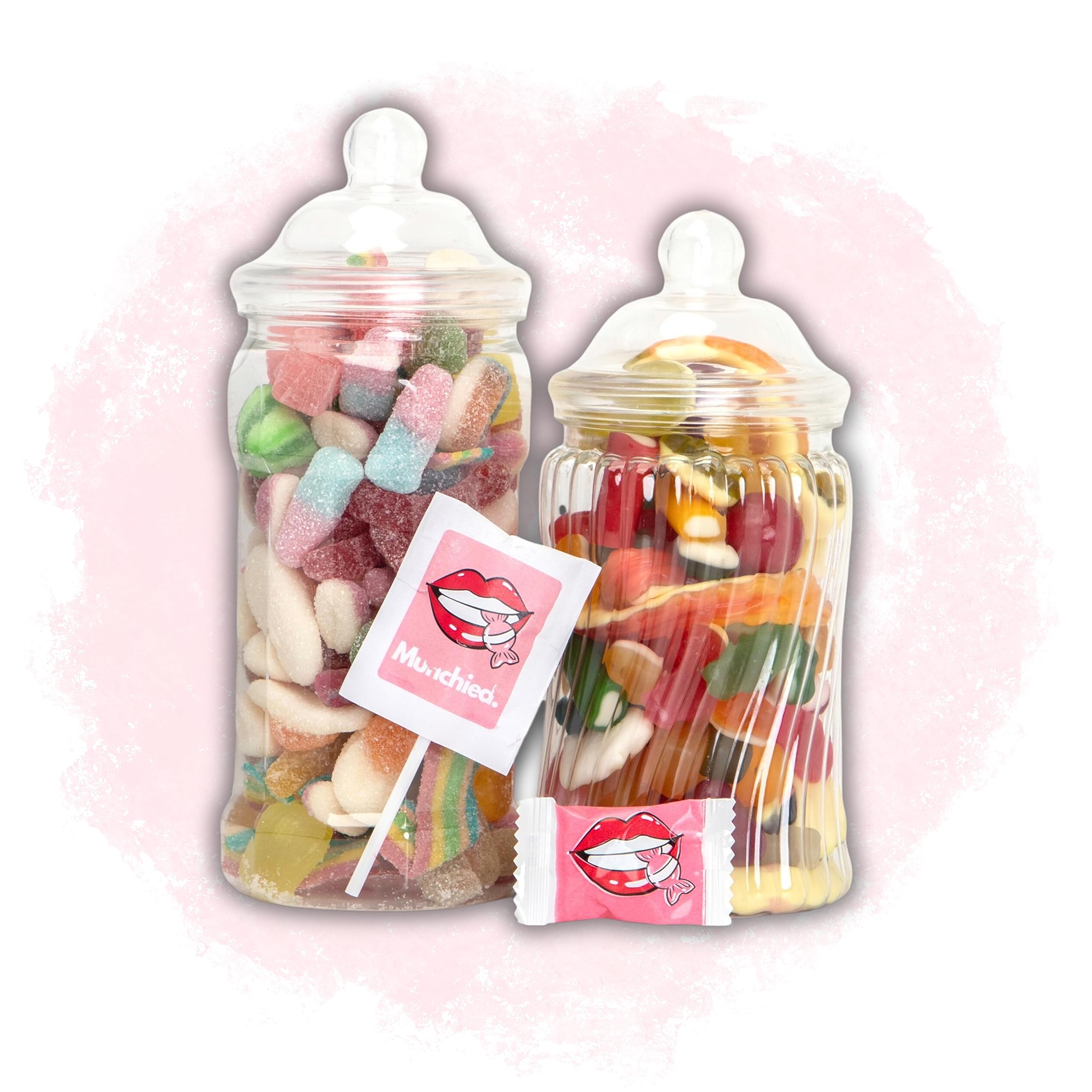 Munchied - Sweetie Duo Jar - Fizzy & Non-Fizzy/His & Hers/Strawbs, Eggs, Snakes, Lances, Turtles, Hearts, Bottles, Rainbow Belts, Watermelon Slices, Dummies, Snakes - Haribo Sweets Vidal Bonds