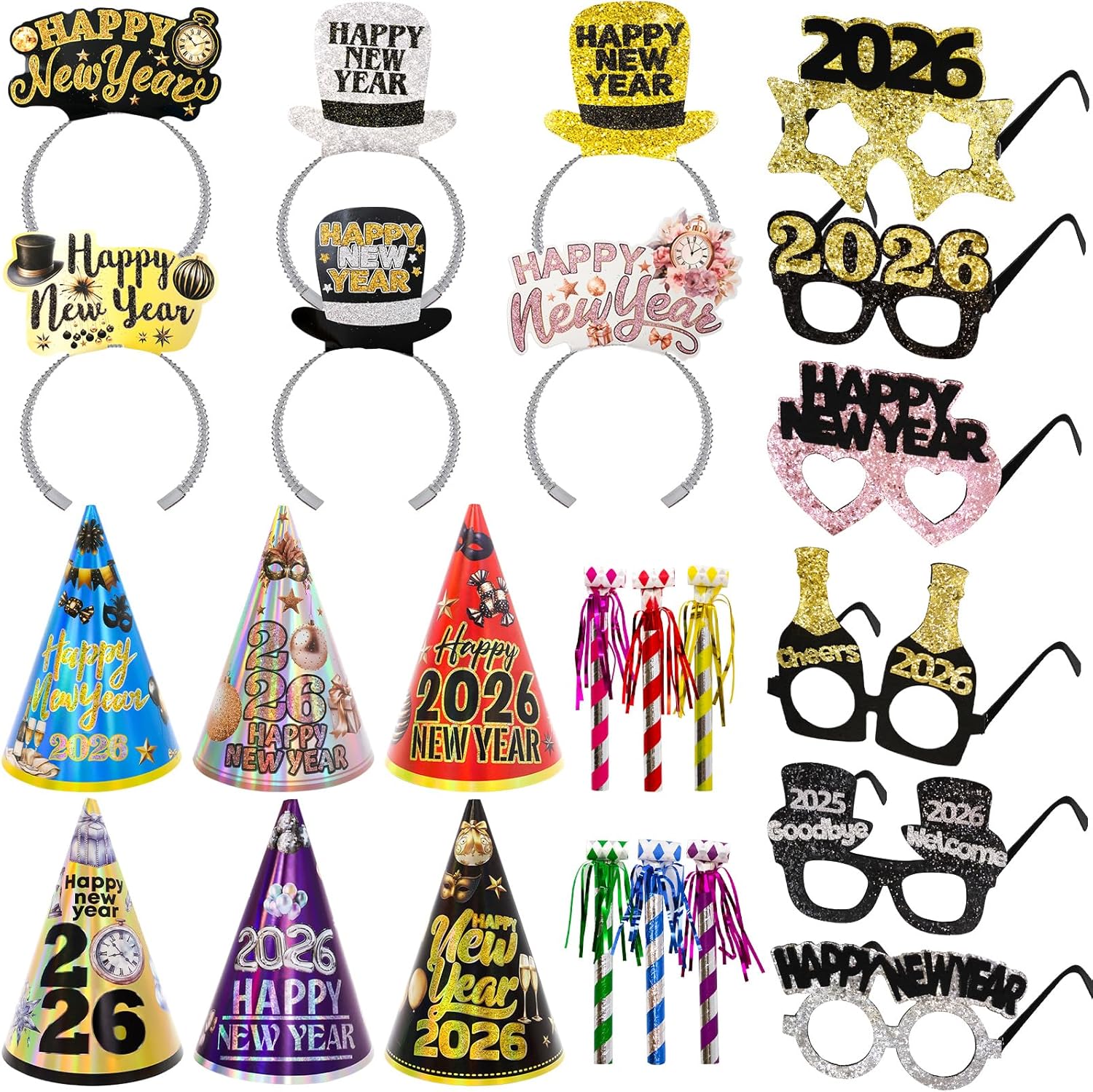 ceiba tree Happy New Years Eve Party Supplies 2026 NYE New Year Eve Party Favors Accessories 6 Paper Hats 6 Paper Headbands 6 Felt Plastic Frame Glasses 6 Noisemakers - Image 9