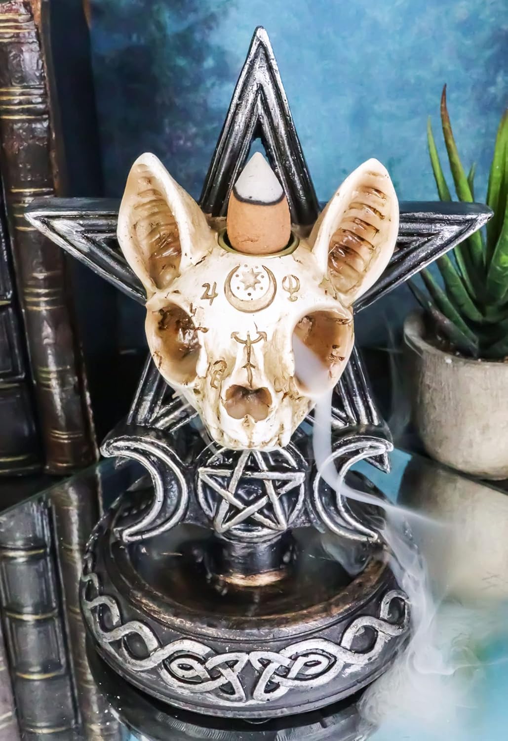 Ebros Gift Paranormal Occult Ouija Cat Skull with Triple Moon and Pentagram Sacred Geometry Backflow Cone Incense Burner Holder with Cascading Smoke Pool Waterfall Effect Figurine