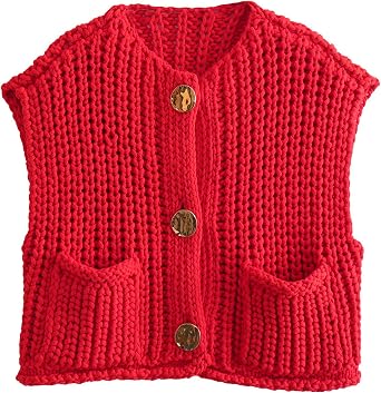 Wyeysyt Sweater Vest Women Sleeveless Crop Knit Cardigan Casual Button Down Cropped Knitted Sweater Vest with Pockets