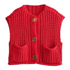 Wyeysyt Sweater Vest Women Sleeveless Crop Knit Cardigan Casual Button Down Cropped Knitted Sweater Vest with Pockets