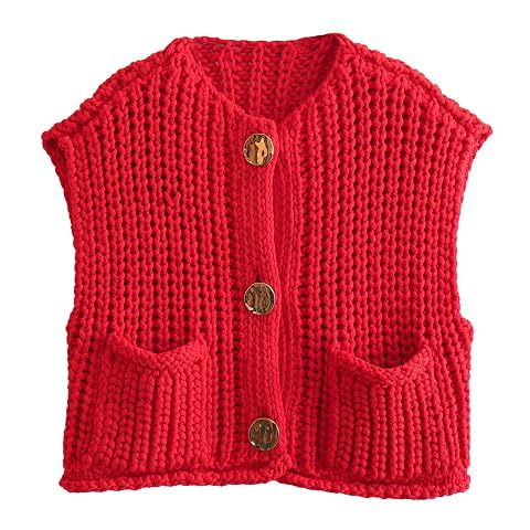 Wyeysyt Sweater Vest Women Sleeveless Crop Knit Cardigan Casual Button Down Cropped Knitted Sweater Vest with Pockets