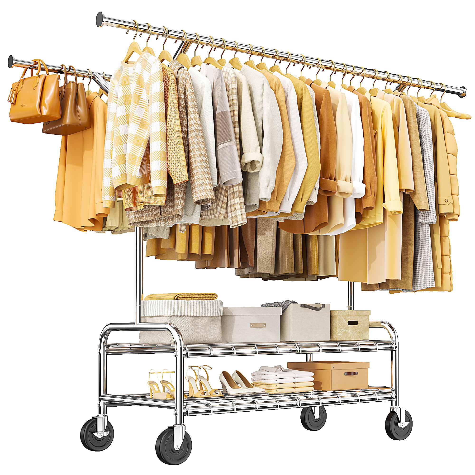 Raybee Heavy Duty Clothes Rack, Rolling Clothing Rack with Wheels,Clothing Racks for Hanging Clothes Portable& Adjustable,Commercial Clothes Rack,Garment Rack