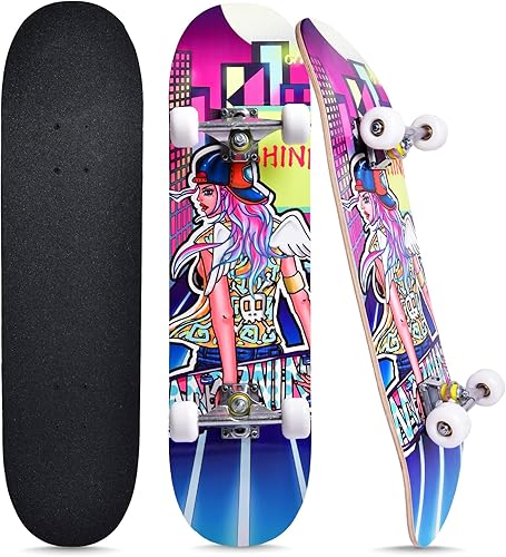 Miniatura 9 de Patinetas para principiantes, niños, niñas y adultos, 31 x 8 pulgadas, 7 capas de arce, cóncavo de doble patada, fascinante fresco, sólido y duradero