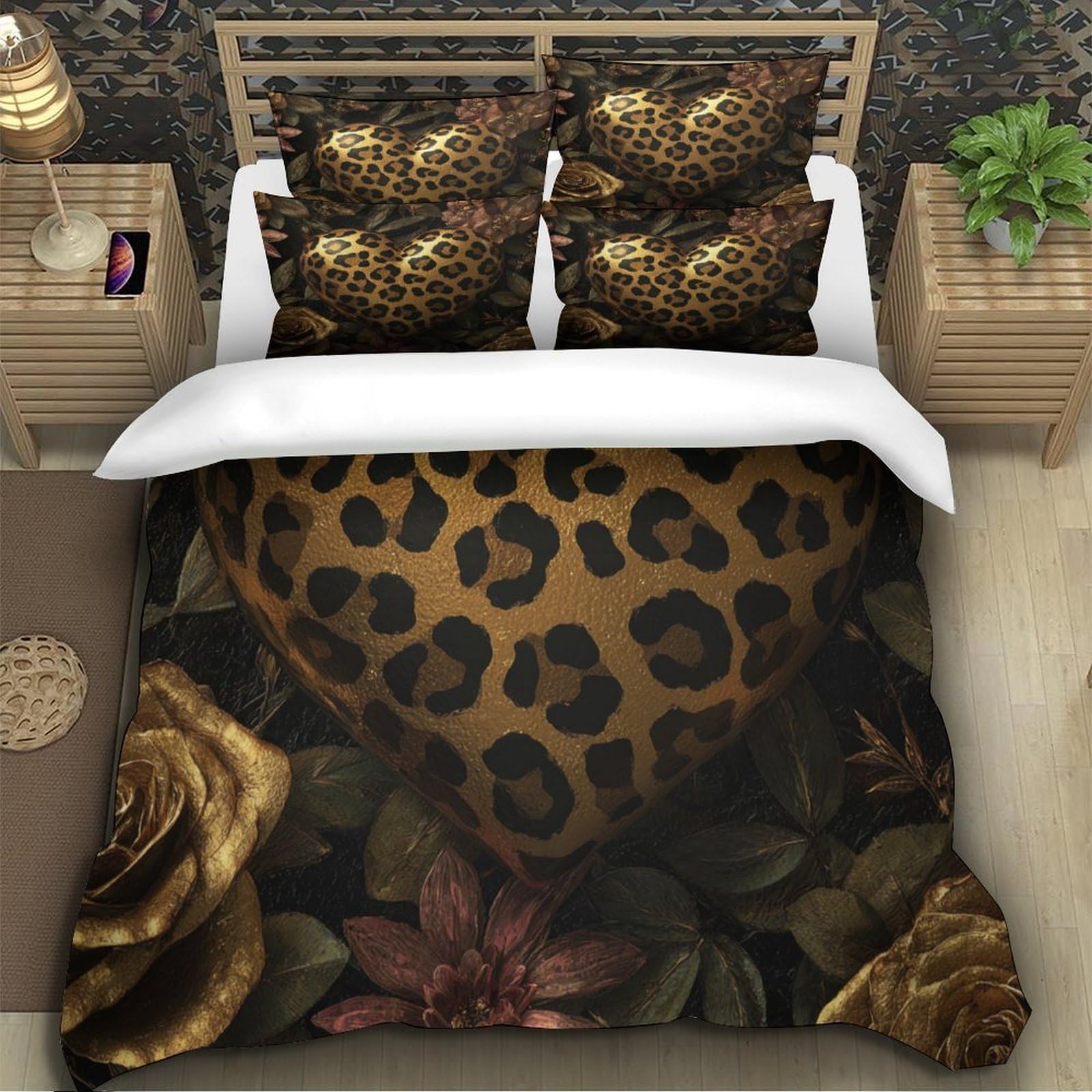 Stampa 3D Leopard heart Fodera per copriletto Microfibra Biancheria per letto Con federa Duraturo Glamorous decorative Copertura per letto Morbido per single giovani coppie Super king（260x220cm）