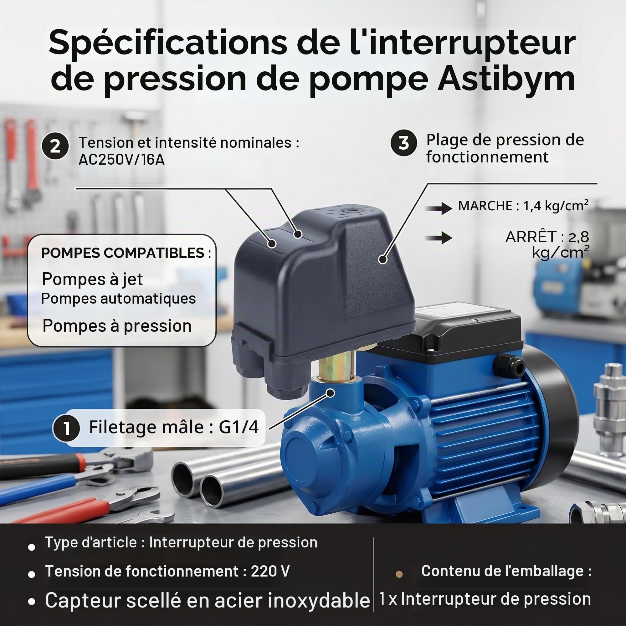 Pressostat Pompe, Filetage Extérieur G1/4 Tension 220 V Convient pour Les Pompes à Jet d'eau Les Pompes Automatiques et Les Pompes à Pression, Capteur scellé en Acier Inoxydable