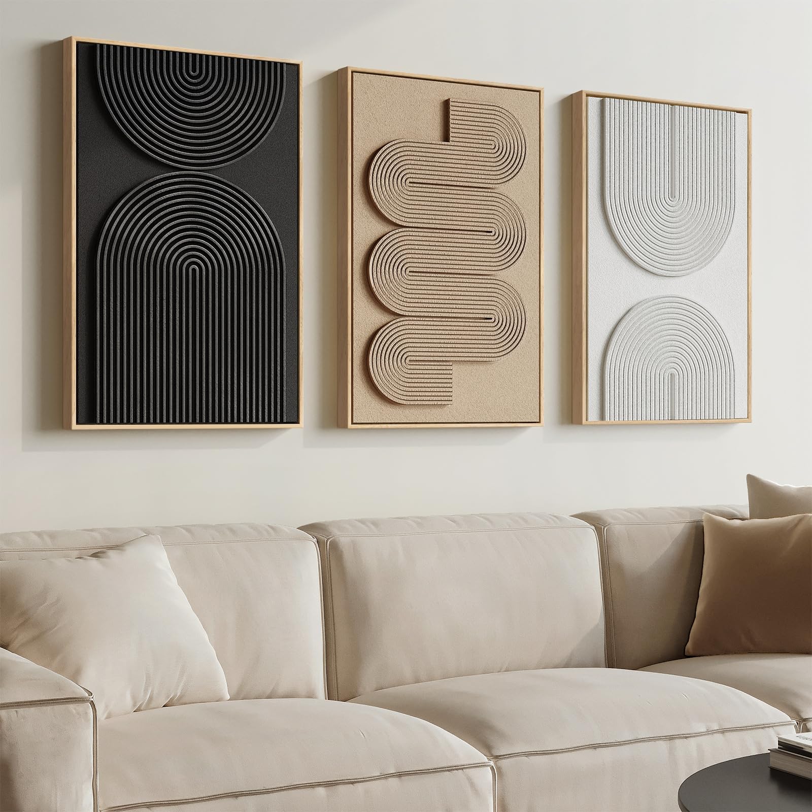 3D Textured Framed Boho Neutral Abstract Wall Art, 3 Piece Modern Artwork for Walls, Black White Brown Minimalist Geometric Paintings for Living Room, Dining Room, Bedroom Wall Decor 16x24 In