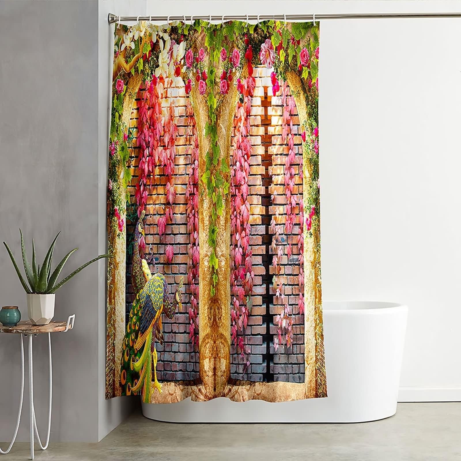 Cortinas de ducha para baño, lindas cortinas de ducha únicas de pared de árbol y pavo real, de poliéster rosa y marrón, 66 x 80 pulgadas
