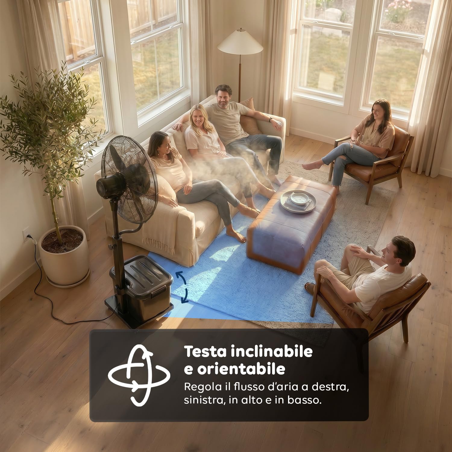 Wintem - BERGEN Ventilatore Nebulizzatore Industriale 230W – Raffrescatore ad Acqua con Serbatoio 45L – Diametro 65cm e Altezza 175cm – Getto 8mt – 3 Velocità, Oscillante e Portatile con Ruote 360°