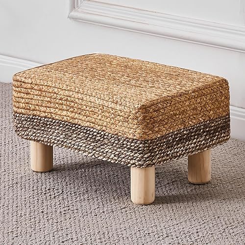 Cpintltr Taburete otomano rectangular, reposapiés, otomano, reposapiés natural de algas marinas con patas de madera, taburete tejido a mano para