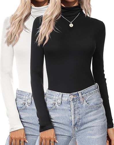 Ekouaer Camisas de manga larga con cuello alto para mujer, capa base ligera, color liso, ajuste delgado (S-XXL)