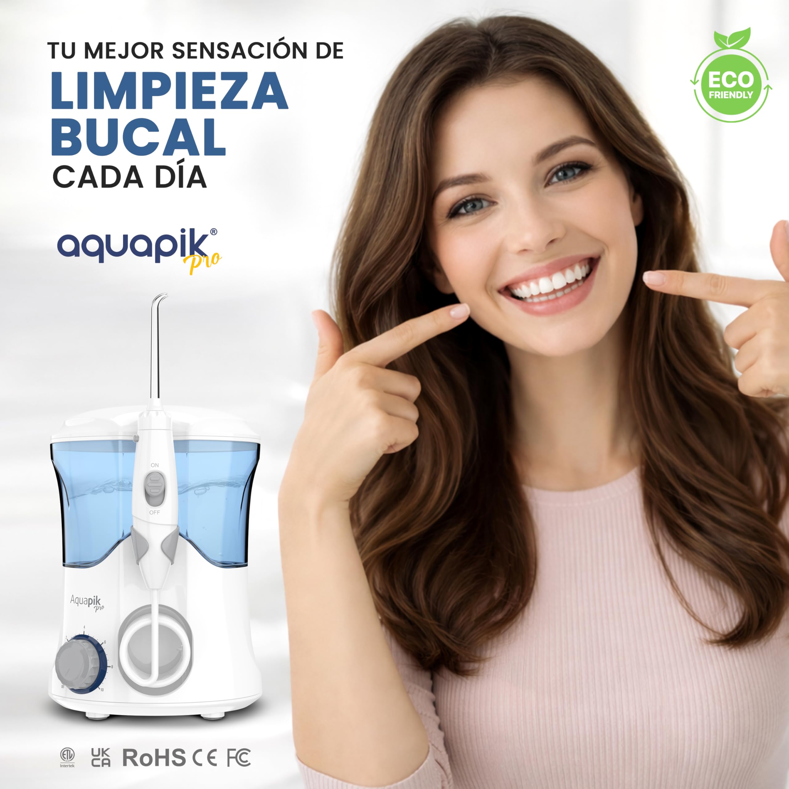 Aquapik PRO Irrigador dental Irrigador Bucal sobremesa 10 niveles de presión 600 mL 8 boquillas water flosser IPX7 Impermeable Limpieza Dental Elimina la placa Protege las encías y cuida tu ortodoncia