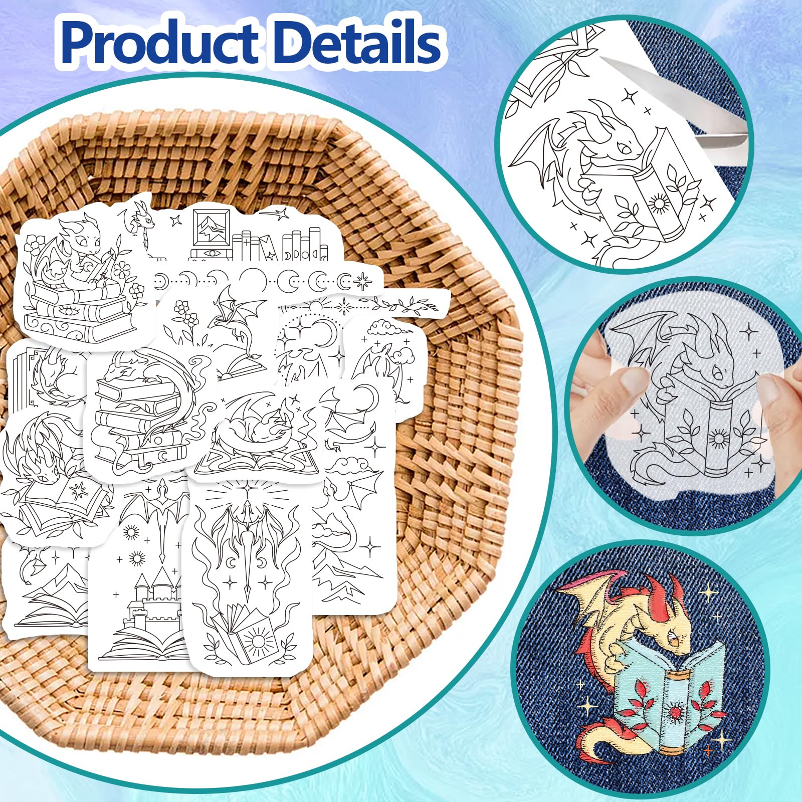 GLOBLELAND 4 Sheets Western Dragon Water Soluble Hand Sewing Stabilizers Magic Books Wash Away Embroidery Stabilizer Flowers Leaves Embroidery Stitch Practice for Embroidery Beginners Lovers - Image 3