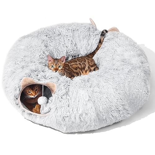 ZVBEK Cat Tunnel with Cat Bed for Indoor Cats, Under Christmas Tree Soft Plush Peekaboo Cat Cave Donut Tunnel, Multifunctional Cat Playground Toys Hideplace for Cats, Kittens, Rabbit, Ferret (Grey) - Grey