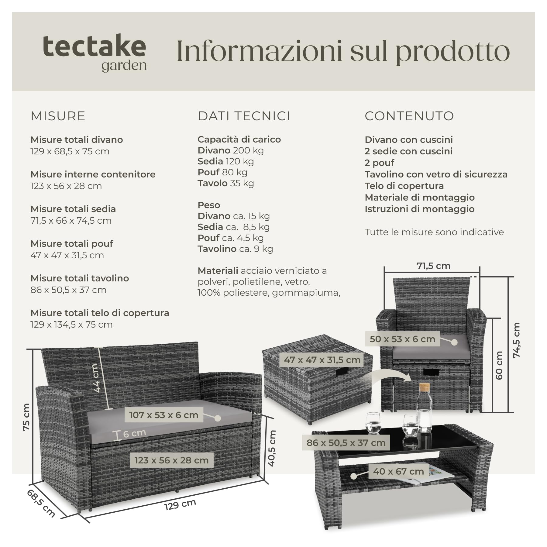 Salottino in Rattan Modena con Telaio in Acciaio e Piano in Vetro, Divano e Poltrone, Morbidi Cuscini, Involucro Protettivo Incluso - Grigio