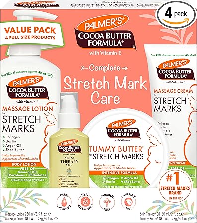 Palmer's Cocoa Butter Formula Pregnancy Skin Care Kit for Stretch Marks and Scars, Dermatologist Approved, Gift for Mom to Be, 4 Piece Full Size Set