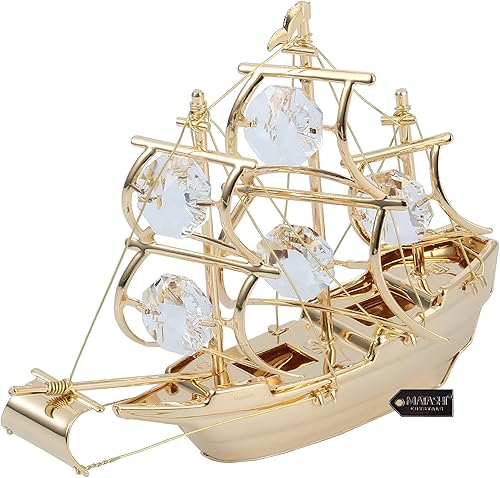 Miniatura 3 de Matashi Adorno de barco de mayflower altamente pulido chapado en oro de 24 quilates, figura con tachuelas de cristal, pieza de exhibición de mesa