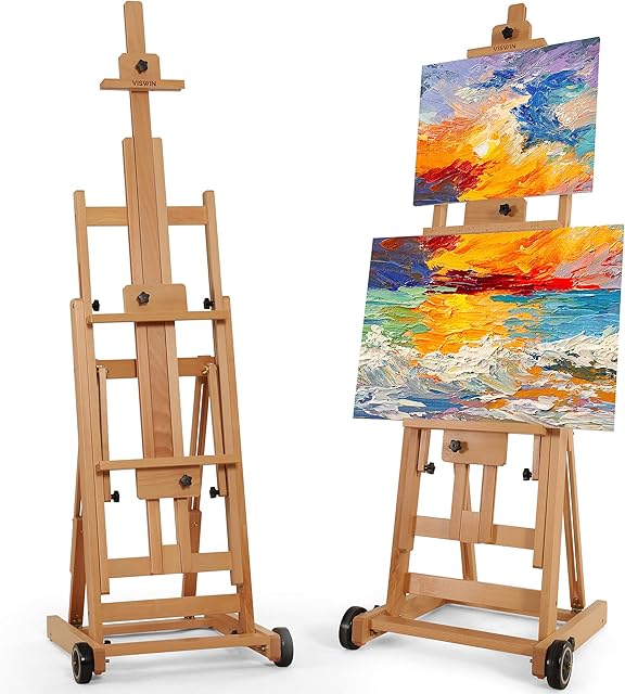 VISWIN Portable Collapsible H-Frame Easel of Maximum Height 95", Holds 2 Canvas Art, Up to 78", Movable Floor Stand Easel with 2 Silent Caster Wheels, Solid Beech Wood Artist Painting Easel - Natural