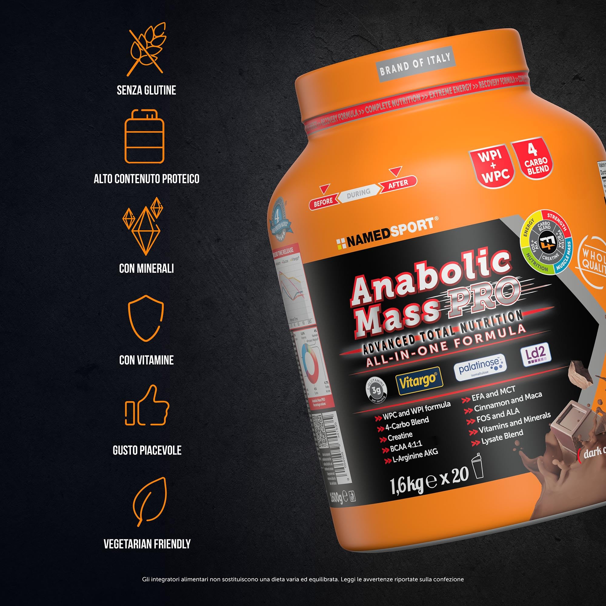 NAMEDSPORT ANABOLIC MASS PRO, Proteine in Polvere al Gusto Cioccolato, Proteine Isolate e Concentrate del Siero del Latte, per Crescita e al Mantenimento di Massa Muscolare, Brand of Italy, 1,6 kg
