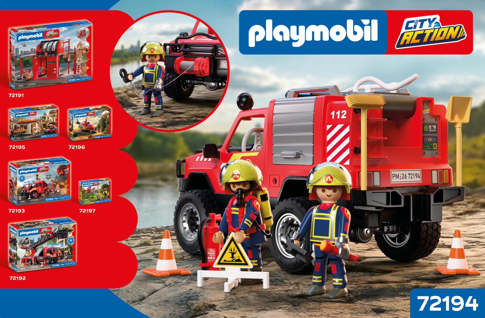 PLAYMOBIL | City Action | Feuerwehr‑Pickup | Geländegängiges Einsatzfahrzeug mit echter Wasserspritzfunktion, Seilwinde & viel Zubehör | Für Kinder ab 4 Jahren | 72194